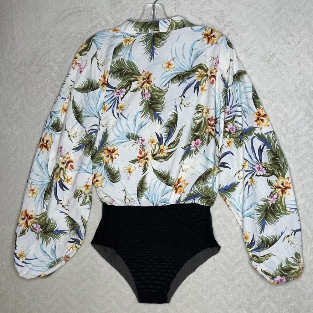 FKSP Women’s Hawaiian Floral Bodysuit Small Mesh Panties Bell Sleeve Button Down - Picture 11 of 15